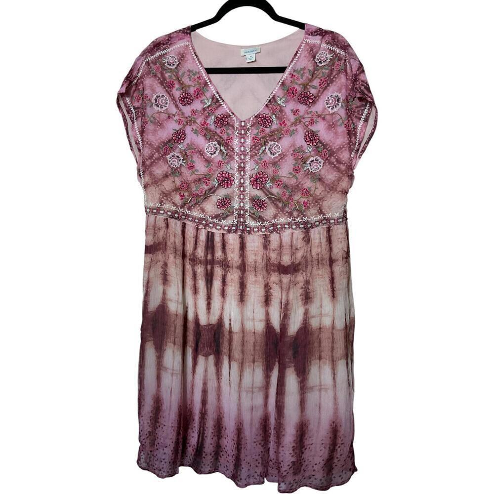 240 Sundance Gemi Embroidered Floral Pink Tie-Dye Boho Midi Dress (Medium, EUC) - Picture 2 of 5